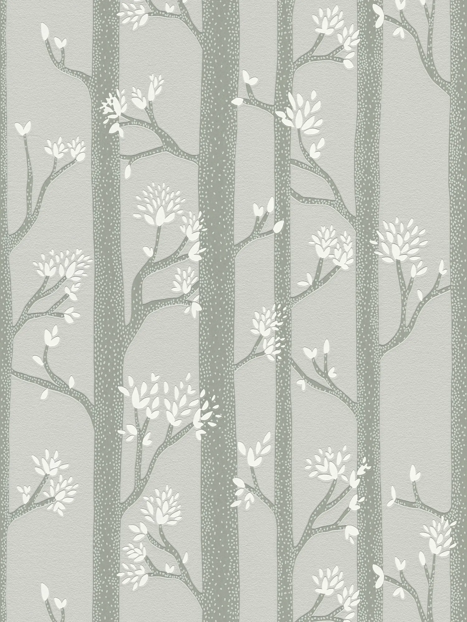 papier peint en papier intissés avec un motif forestier et des arbres stylisés – lisse et légèrement brillant – vert, blanc