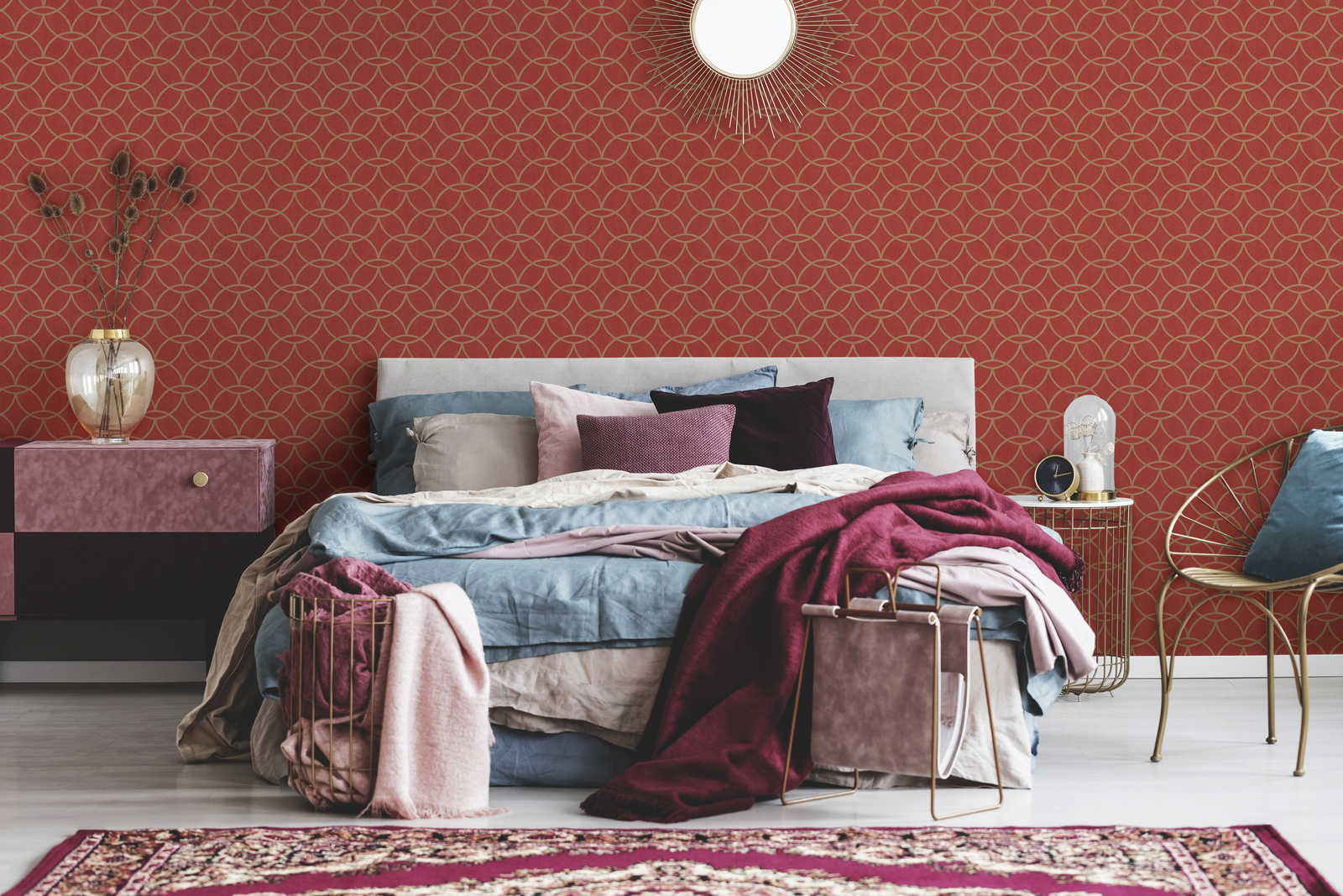 Vliestapete geometrisches Goldmuster &amp; Schimmer-Effekt – Rot, Gold