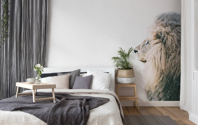 wohnzimmer, bett, wanddekor, löwe mural, pflanzen