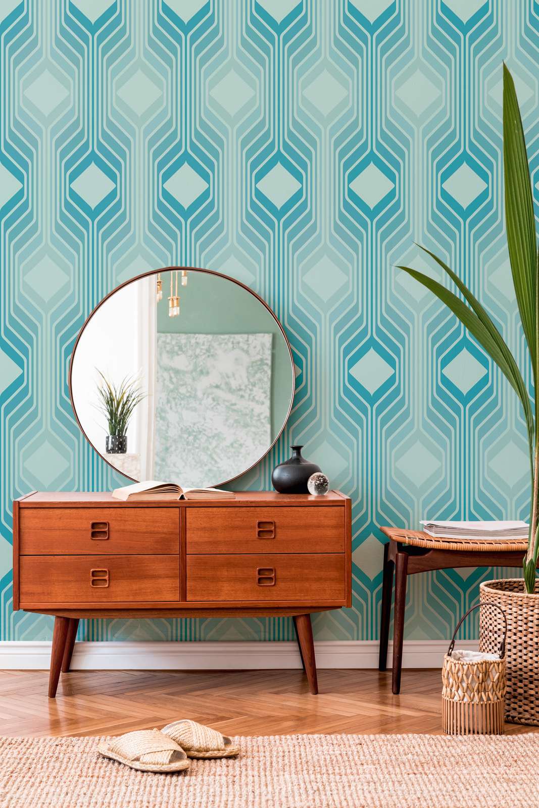             Rauten Muster auf Retro Vliestapete – Blau, Hellblau, Türkis
        