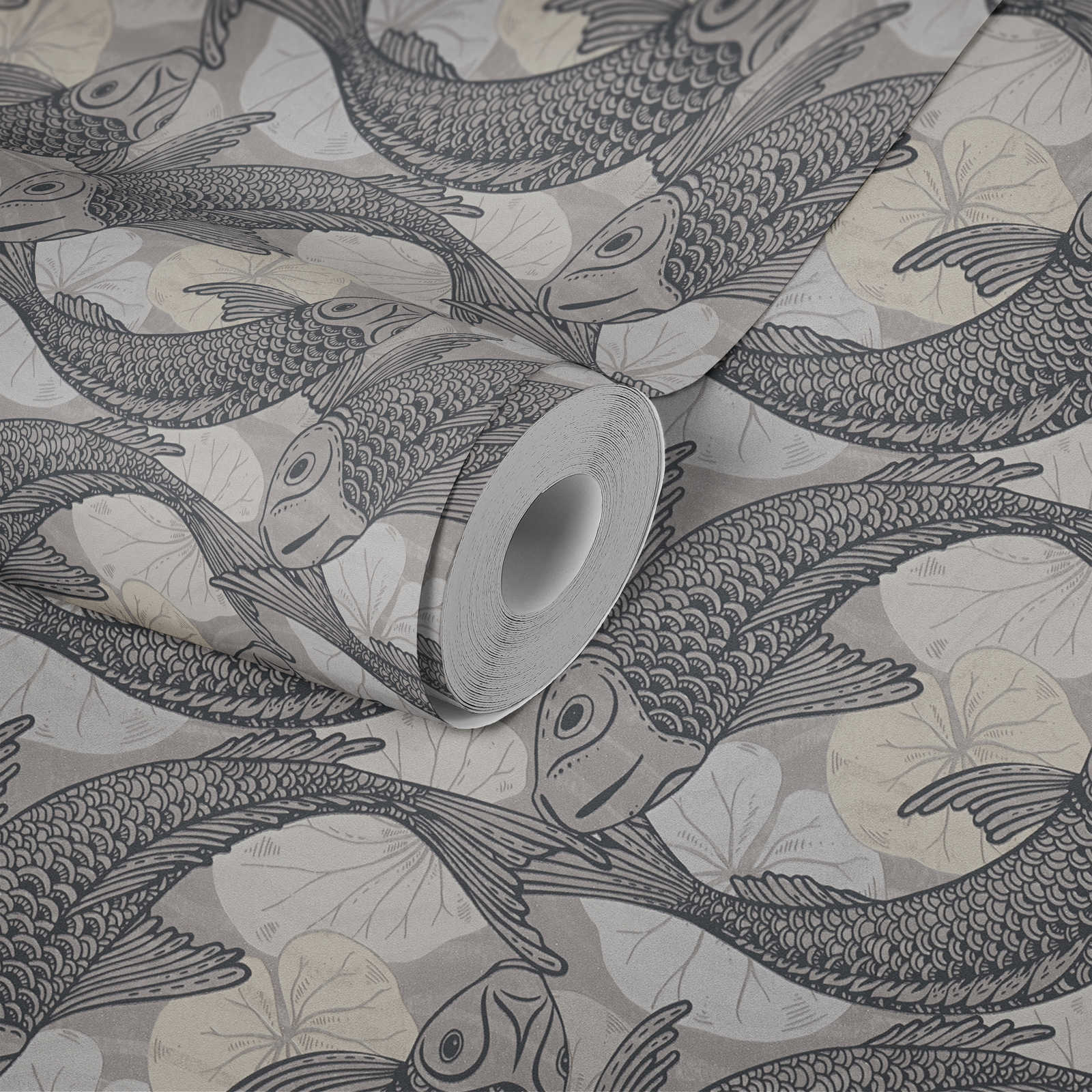             Wallpaper Asian design with koi motif & metallic effect - beige, grey, black
        
