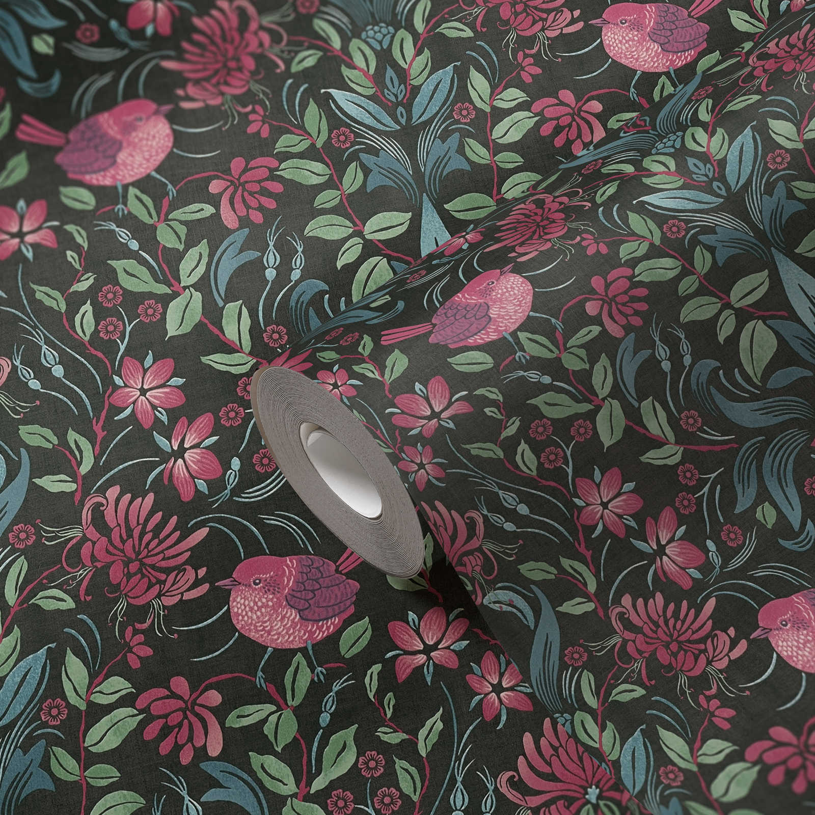             Verspielte Blumentapete mit Vögeln – Schwarz, Pink, Blau
        
