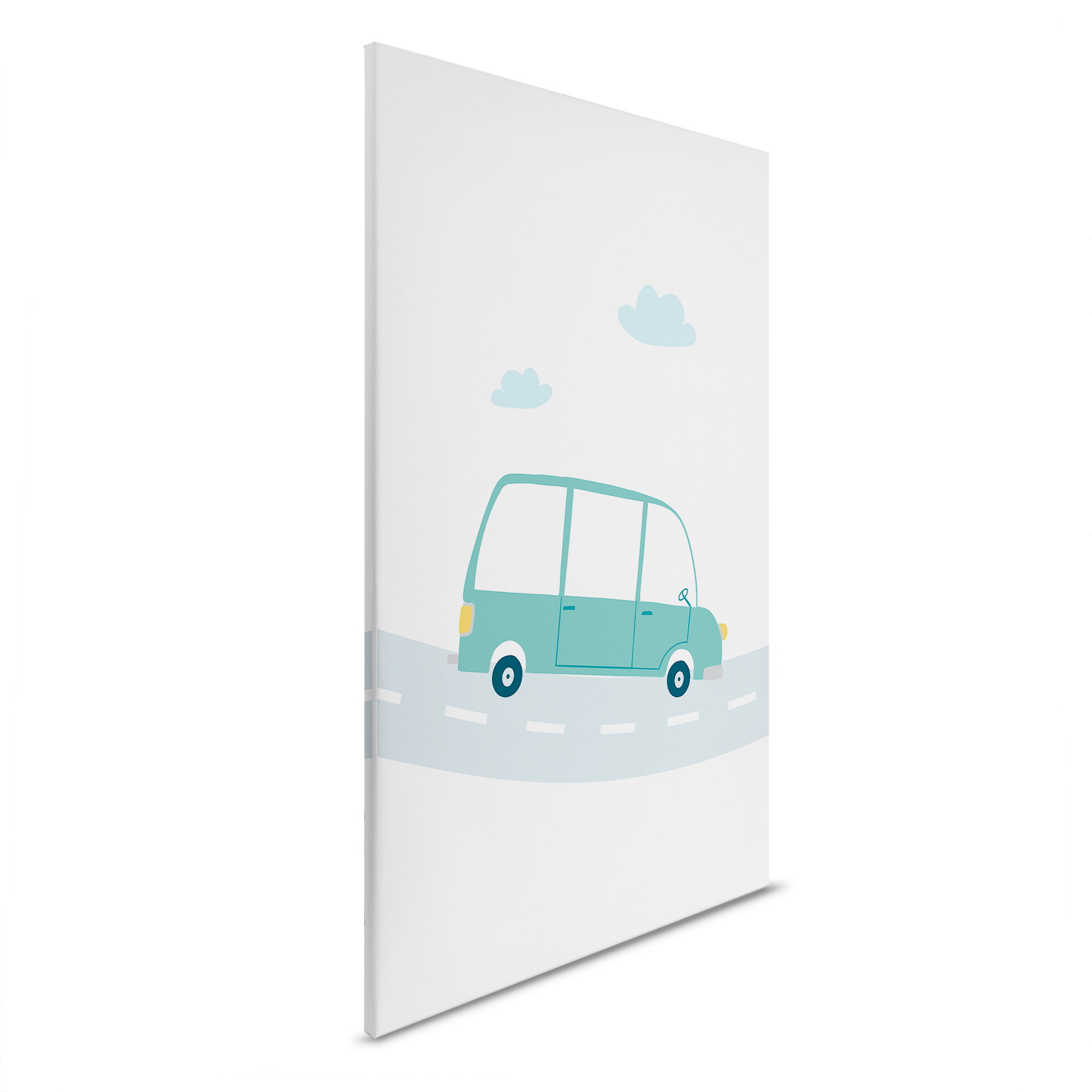         Retro-Minibus auf Straße - Kinderzimmer Leinwandbild für Reiseliebhaber – 30 x 45 cm - Weiss, Grün
    