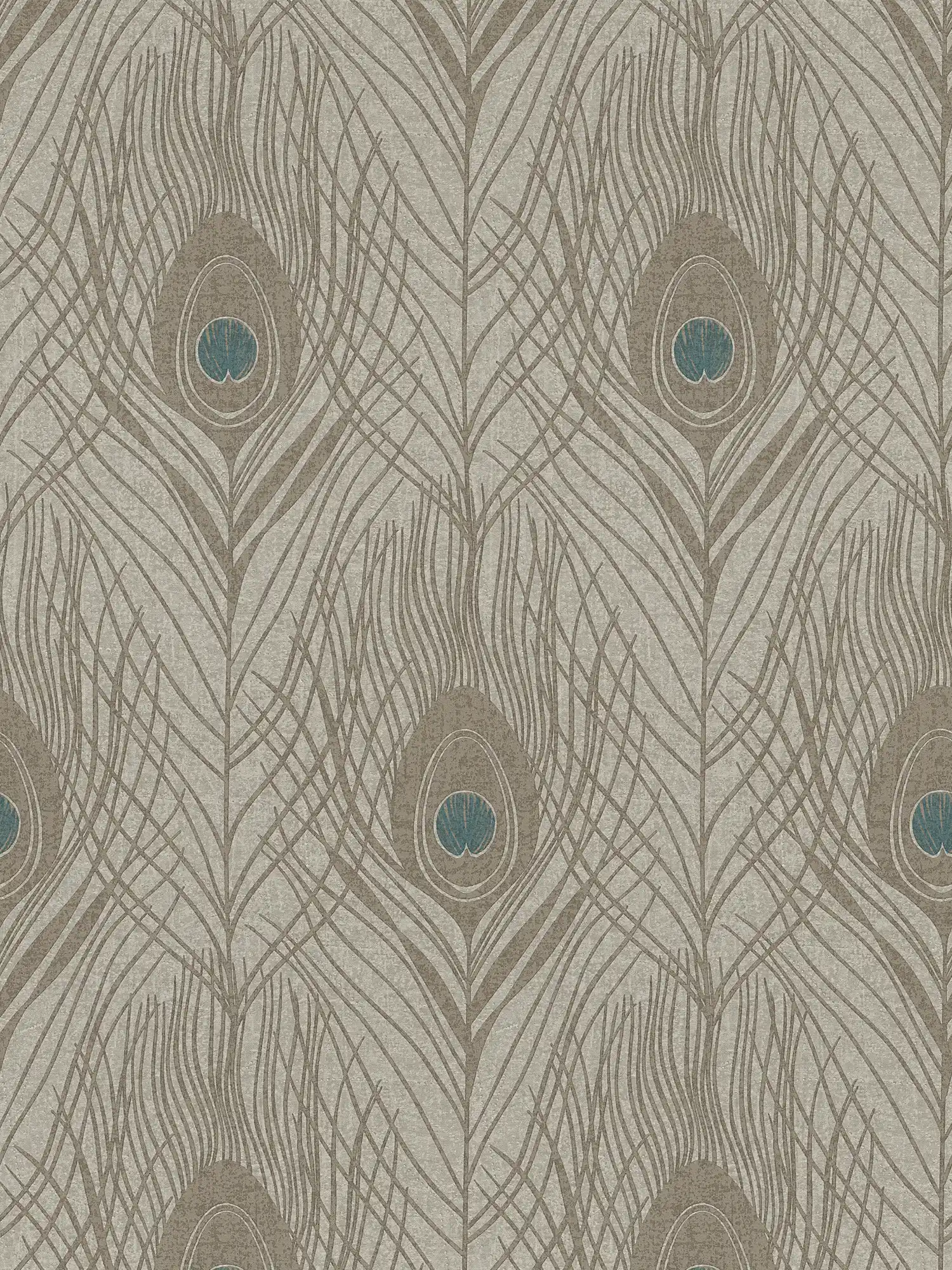         Brown non-woven wallpaper with peacock feathers, detailed - brown, grey, blue
    