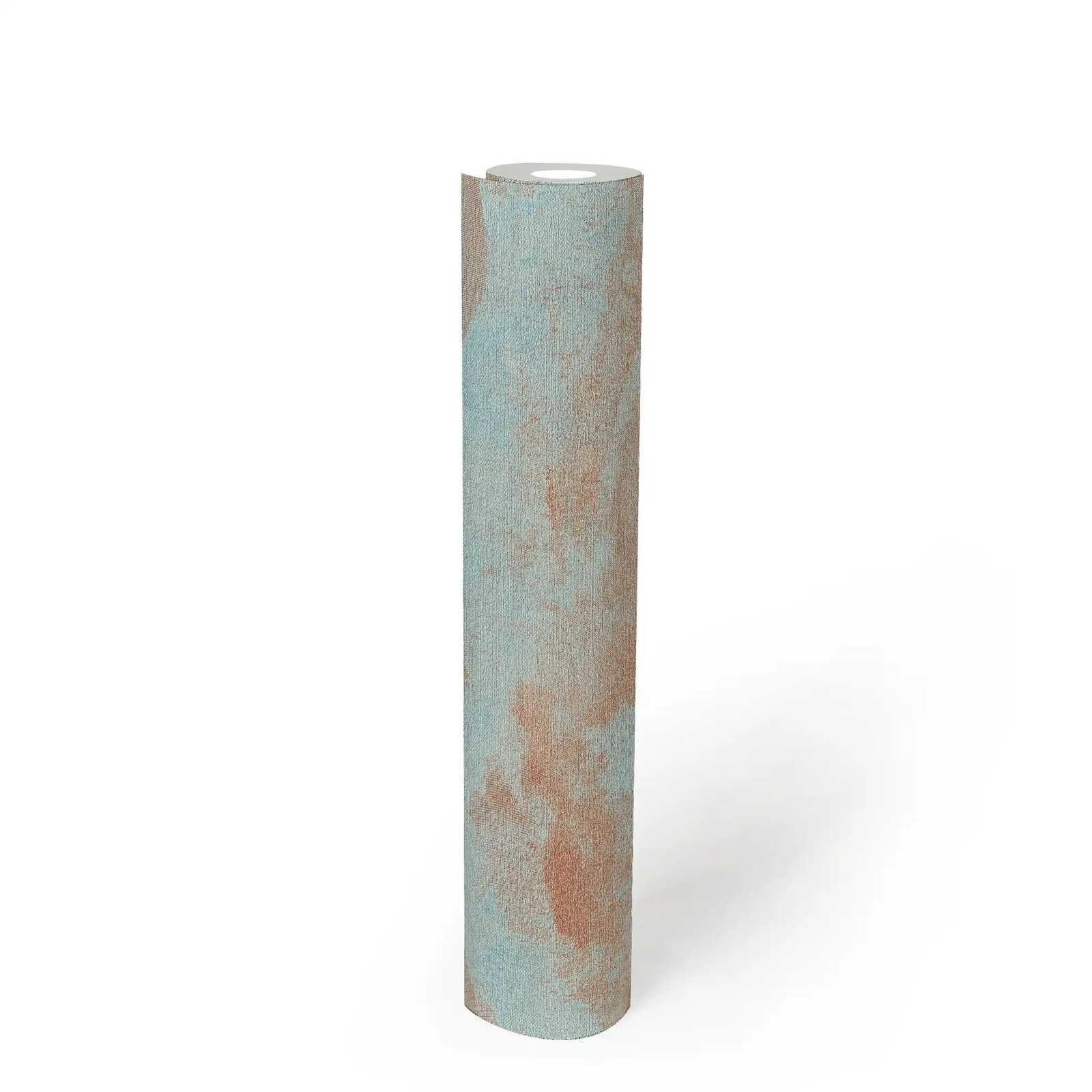             Lebhafte Vliestapete mit exklusivem Wellenmuster und feiner, gläzender Textilstruktur – Hellblau, Braun, Metallic
        