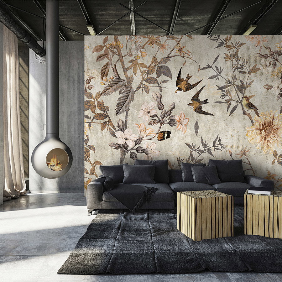 wanddeko, wandtapete, murale, blumenmuster, hängenderOfen