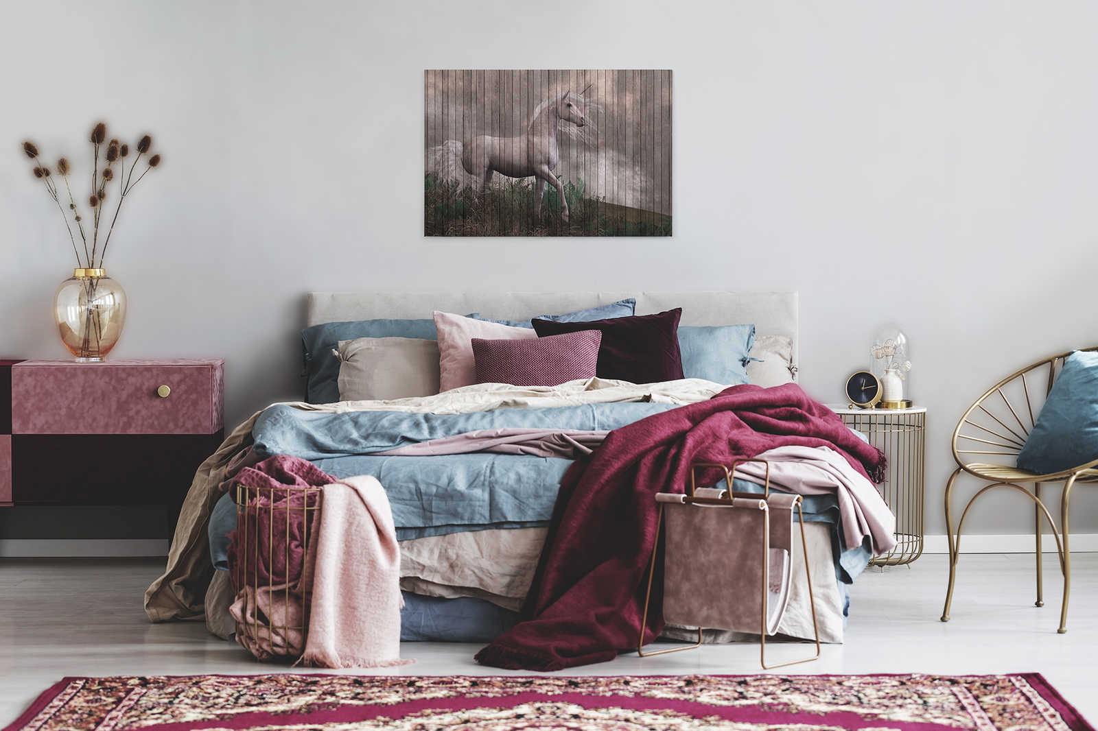             Fantasy 3 - Einhorn Leinwandbild mit Holzbrettoptik – 0,90 m x 0,60 m
        