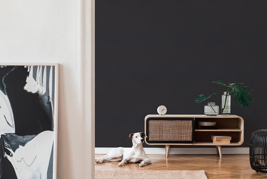 Retro Wohnzimmer mit schwarzer Tapete AS375226