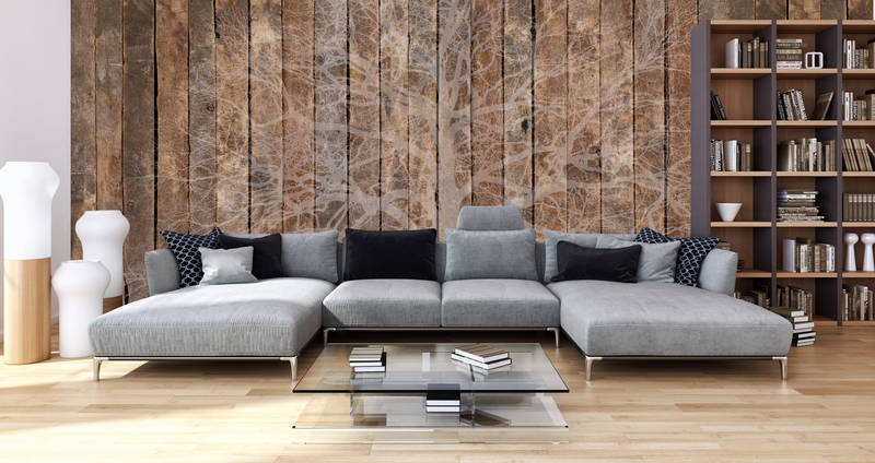 sofá, seccional, sala de estar, gris, pared de madera