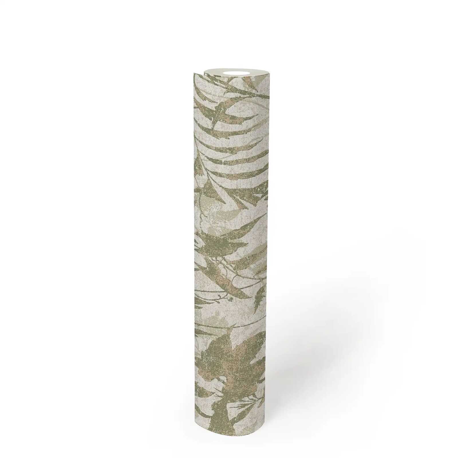 Natürliche, helle Vliestapete mit filigranem Blättermuster und feiner Oberfläche – Creme, Grün, Gold