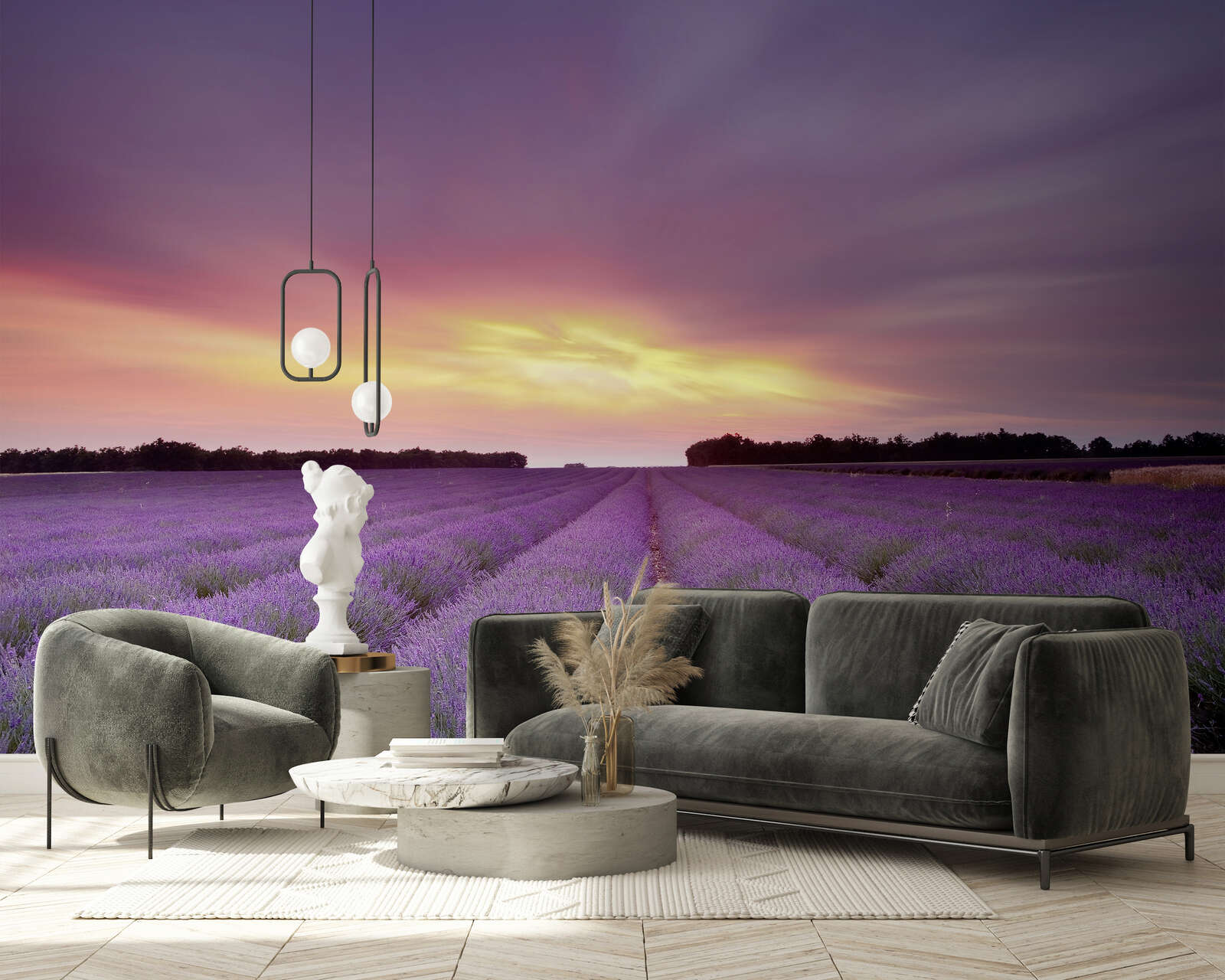 sofa, wohnzimmer, lavendelfeld wandbild, wand mural, modern lighting