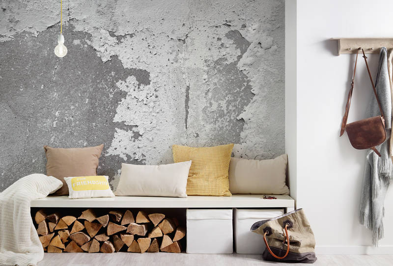             Industrial Design Fototapete – Vliestapete in 3D Optik mit verwitterter Betonwand – Grau, Weiß
        