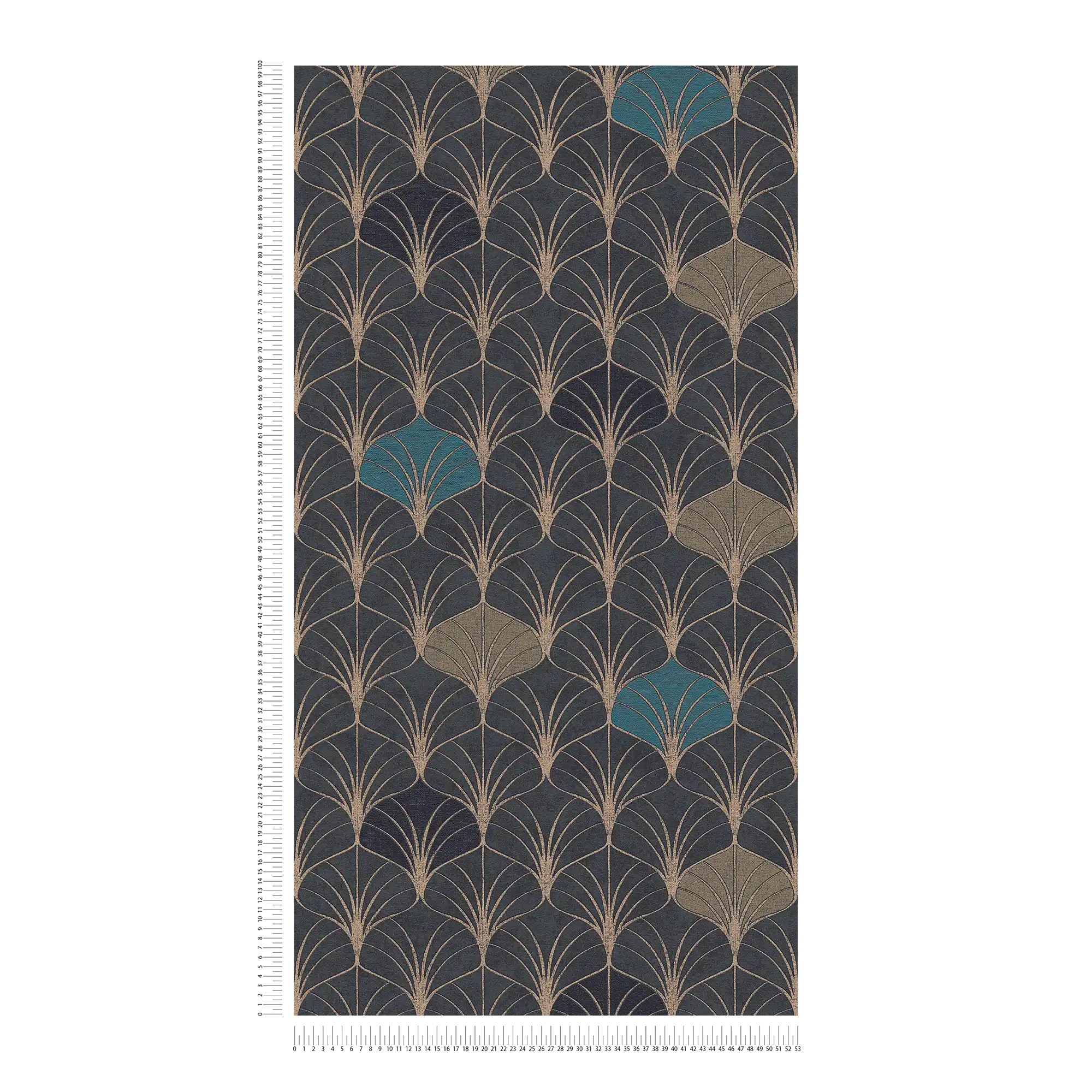             Mustertapete Art-Deco-Stil mit Metallic Effekt – Gold, Schwarz, Blau
        