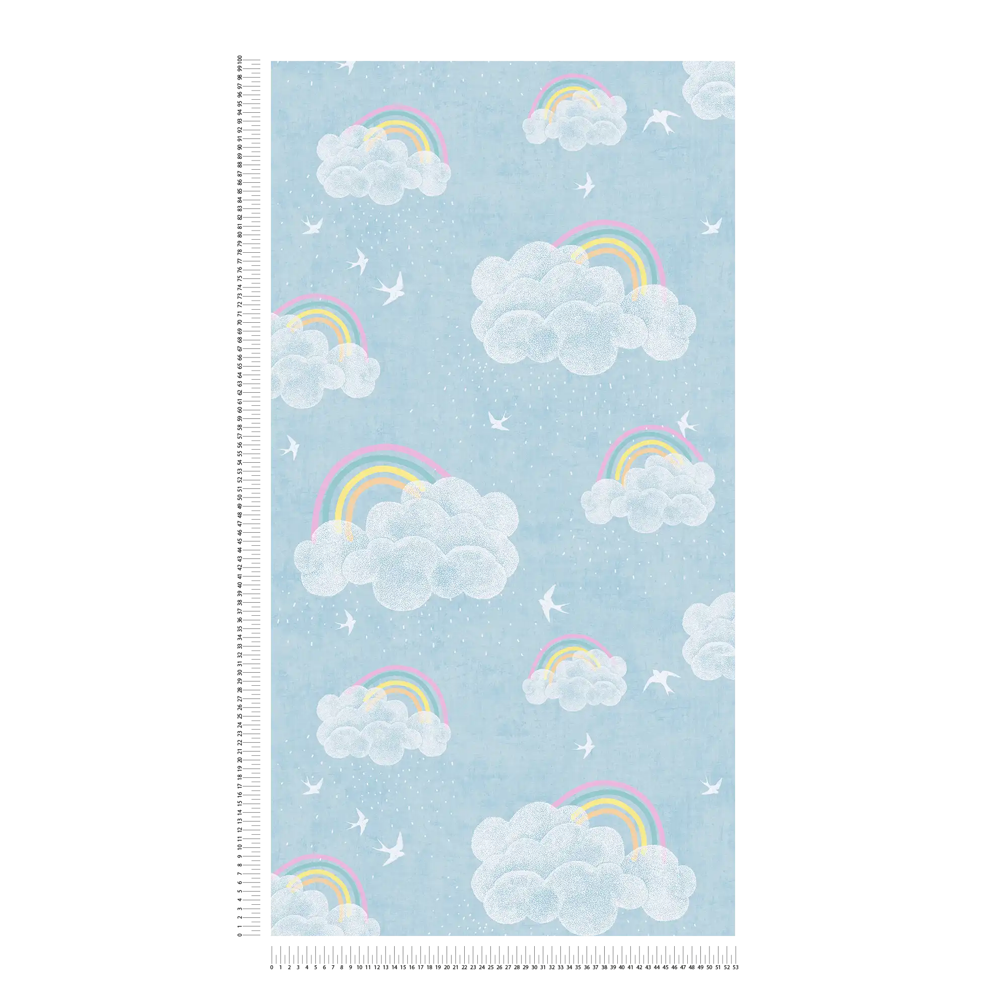             Kinderzimmer Vliestapete mit Regenbögen und Wolken – Bunte Himmelswelt für fröhliche Kinderzimmer – Blau, Bunt, Weiß
        