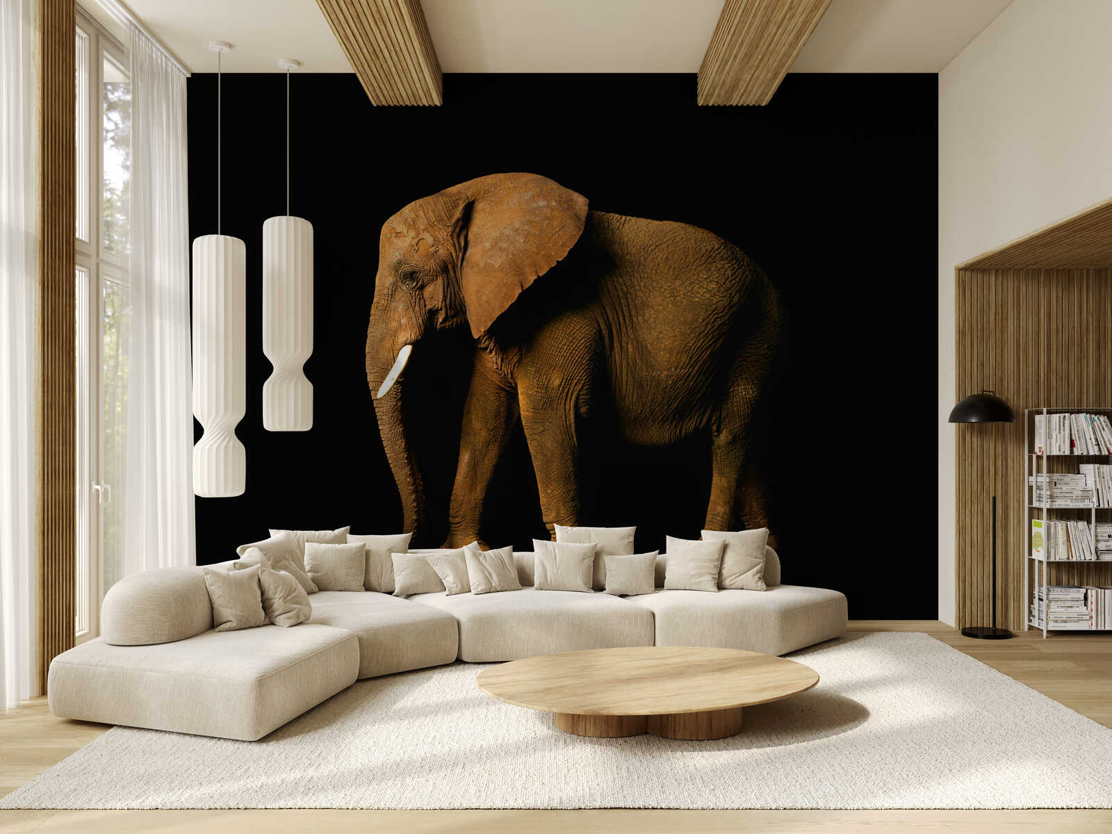 Elefant, Wandfresko, Wohnzimmer, Schwarzer Hintergrund, Brauner Elefant