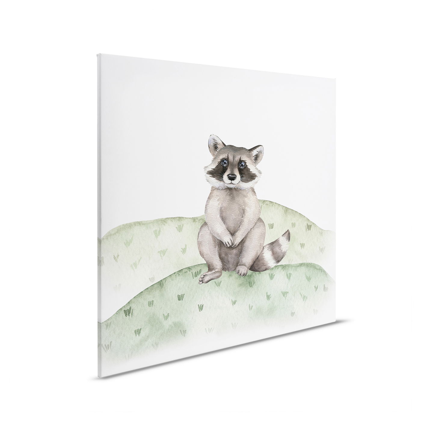         Kinderzimmer Leinwandbild Kleiner Waschbär - Niedliches Waldtiermotiv für die Wand – 30 x 30 cm - Grau, Grün
    