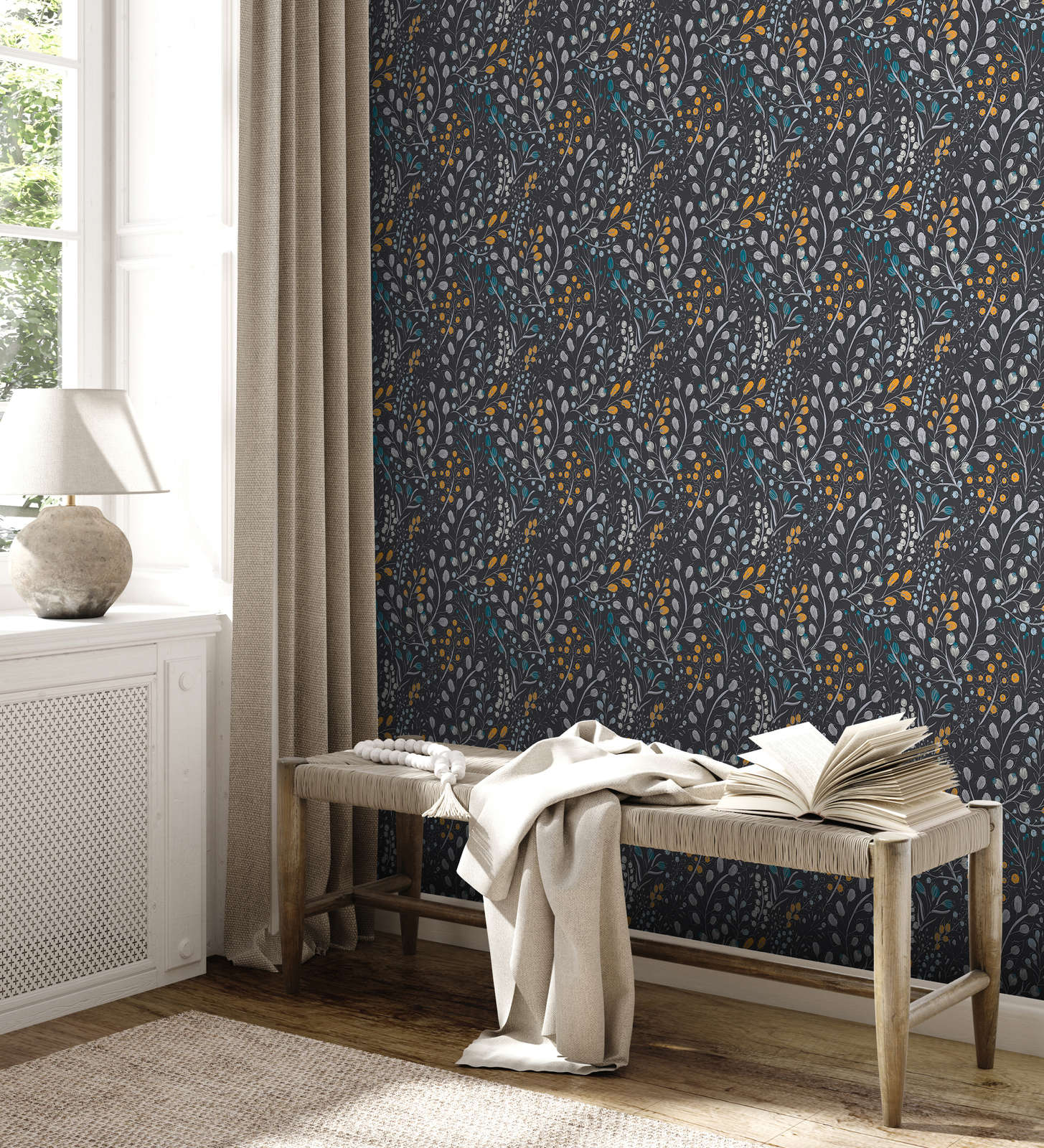             Tapete mit floralem & abstrakten Muster matt – Schwarz, Gelb, Blau
        