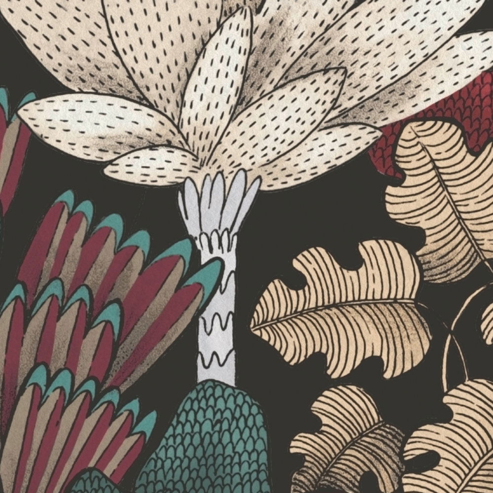             Tapete Bäume & Blätter im Zeichenstil – Schwarz, Grün, Rot
        