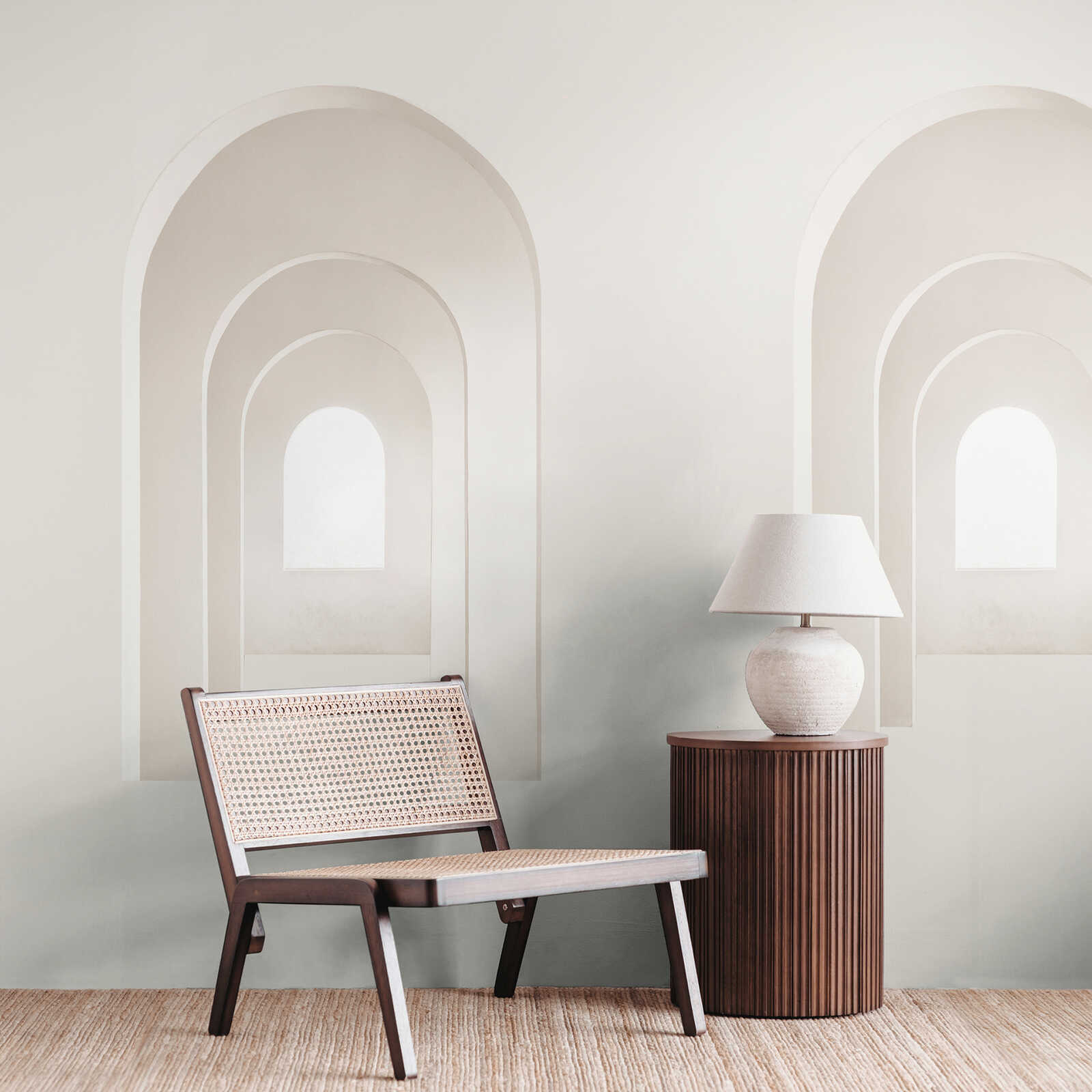 stuhl, holzstuhl, rattanrücken,  loungesessel, seitentisch, lampe, dekor wohnzimmer, minimalistisch, neutrale farben, innendesign