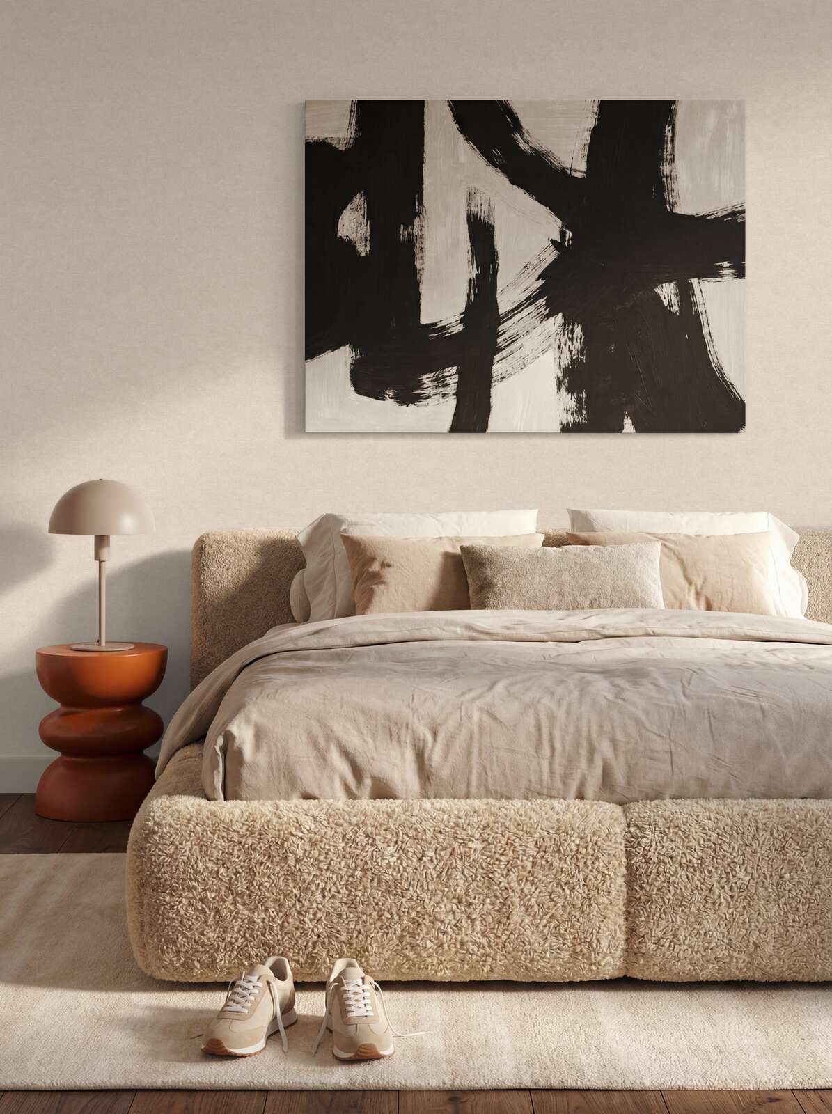 abstracte Kunst, Leinwandkunst, neutrale Dekoration, beiges Schlafzimmer, Wandbild Schlafzimmer