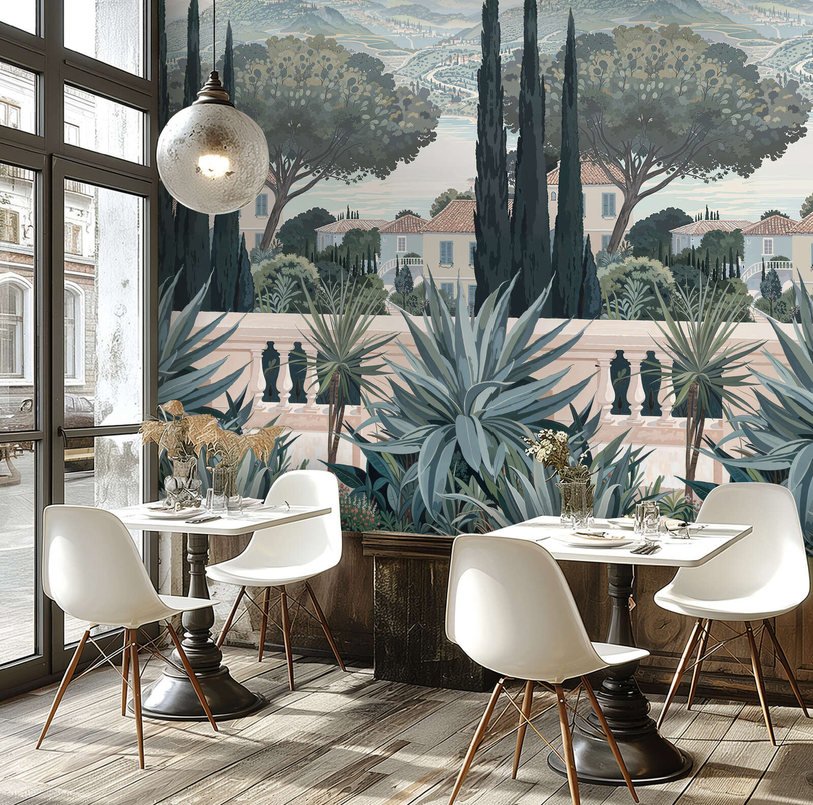             Vliestapeten Panel "Tuscan Garden" 159cm Breite x 280cm Höhe - Toskanische Landschaft mit See und Sträuchern, glatt – Grün, Blau
        