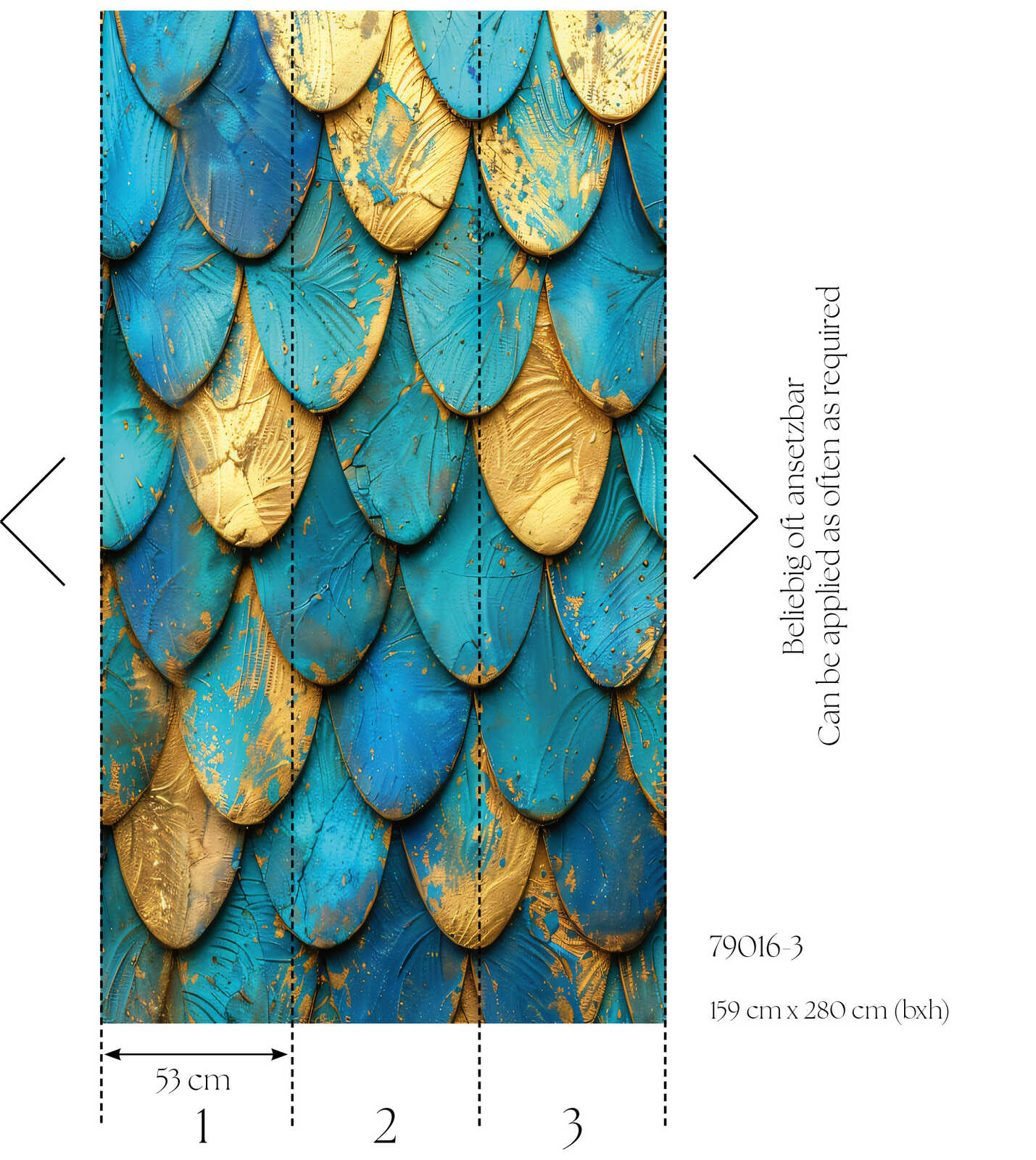             Vliestapeten Panel "Blue Scales" 159cm Breite x 280cm Höhe - Lebhaftes Schuppendesign mit goldenen Details, glatt – Blau, Gold
        