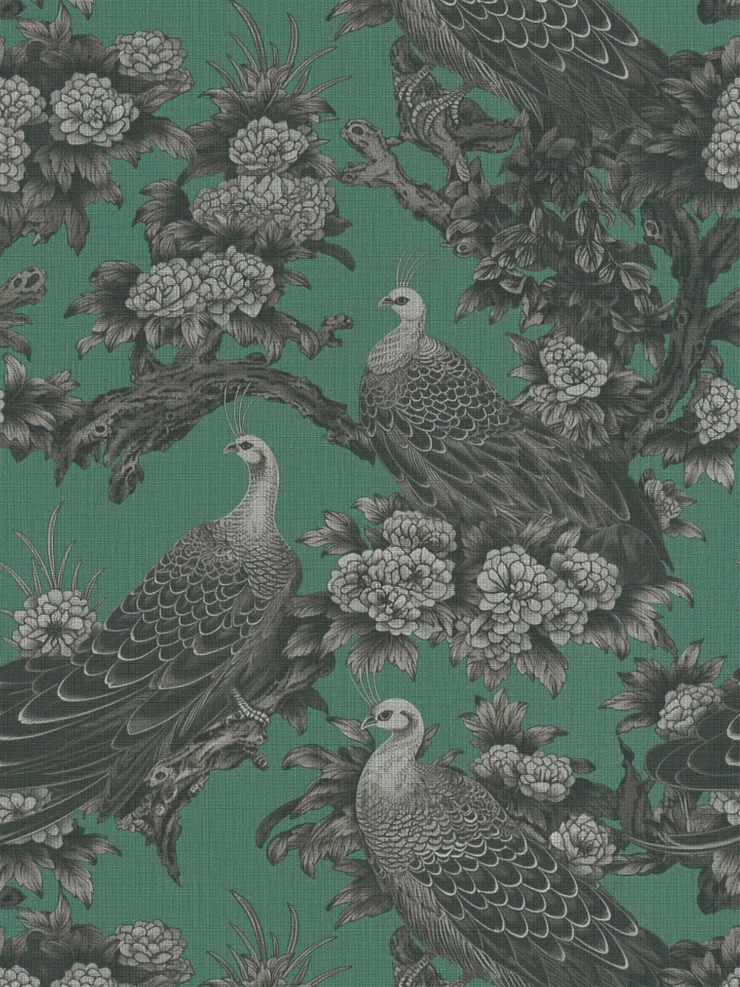         Floral pattern with birds in English country house style as non-woven wallpaper - grey, green, black
    