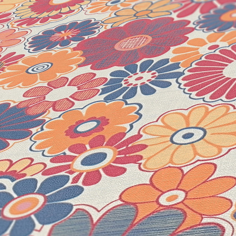 Retro Vliestapete mit floralem Muster – Rot, Blau, Orange