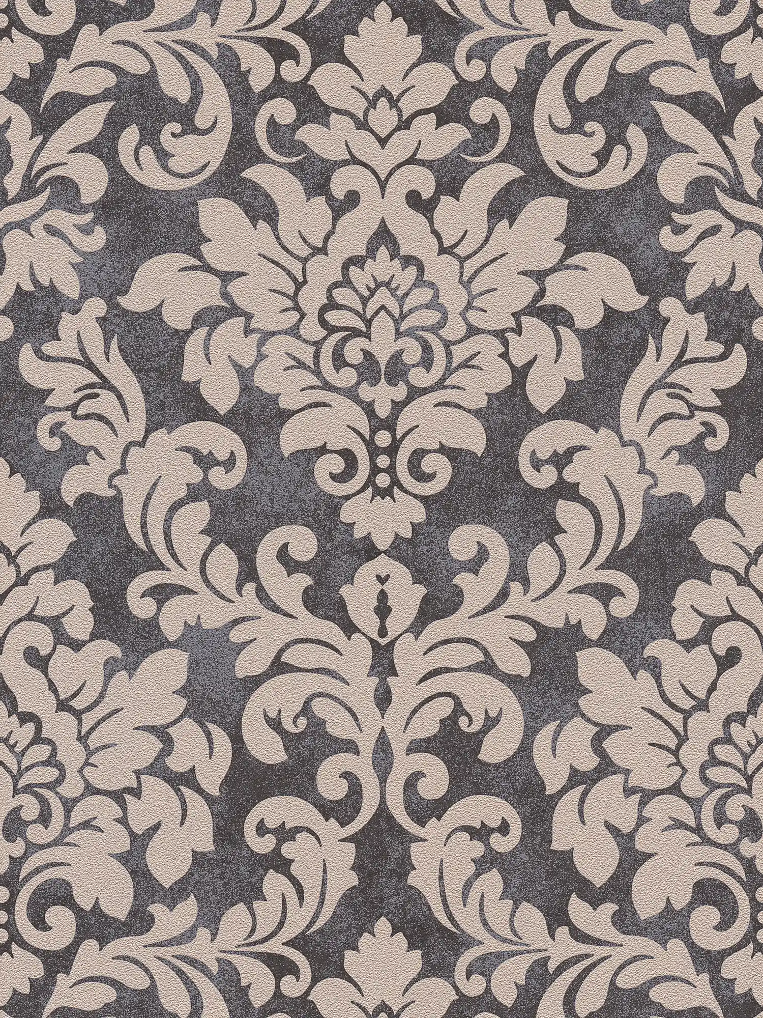         Papier peint ornemental floral avec effet métallique - noir, argent, beige
    