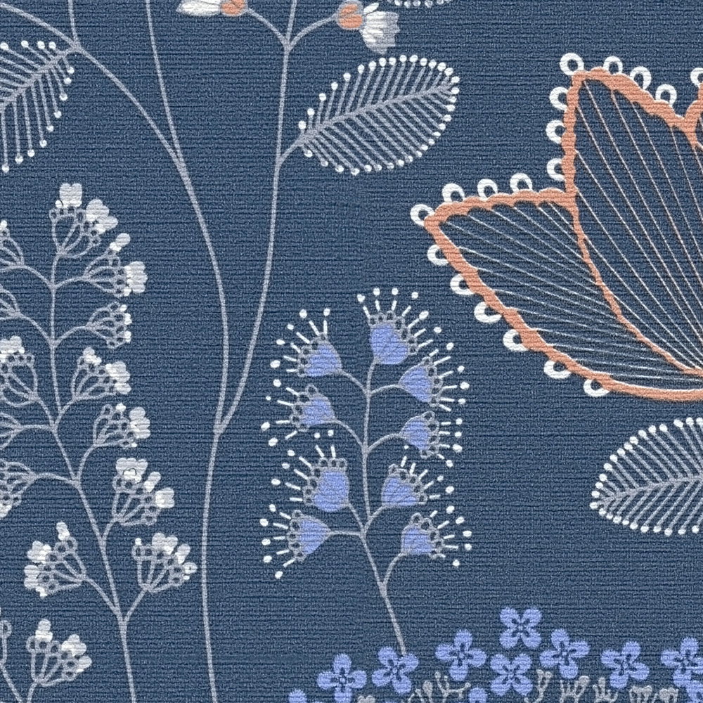 Vliestapete floral mit Blättern im Retro-Look leicht strukturiert, matt – Blau, Weiß, Grau