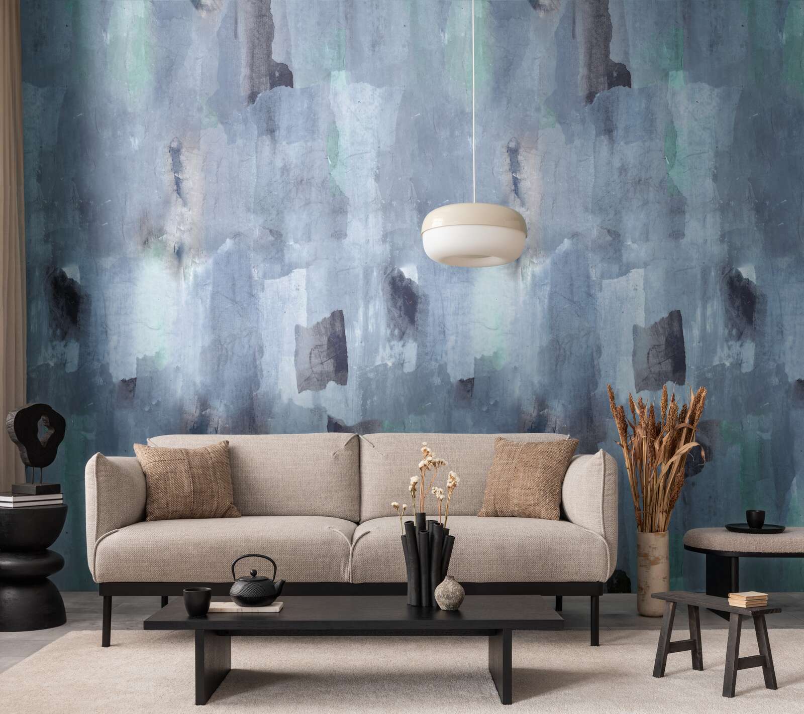             Glattes Vliestapeten Panel 'Abstract Ocean' 159cm Breite x 280cm Höhe - Abstraktes Aquarellmotiv in kühlen Blautönen – Blau, Grau
        