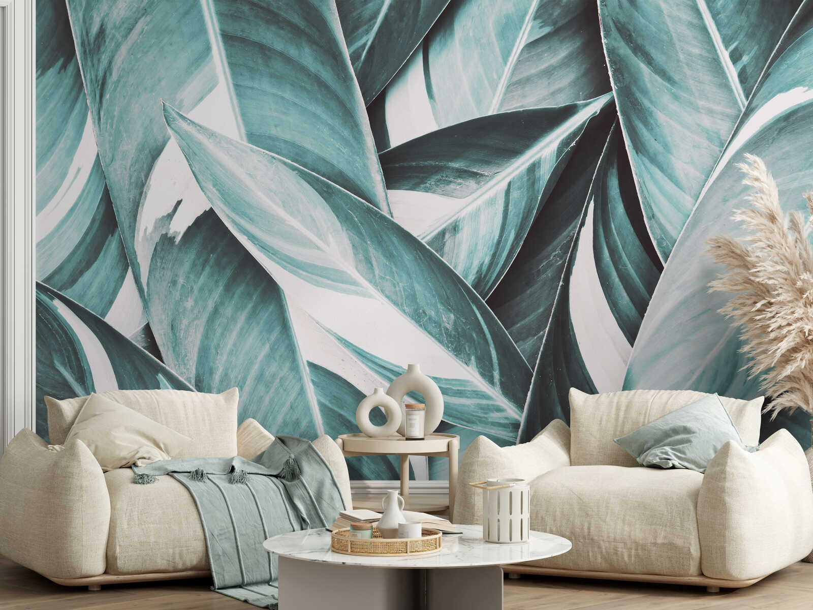 Wohnzimmer, Wandtapete, Blättermuster, Teppich, Sofa