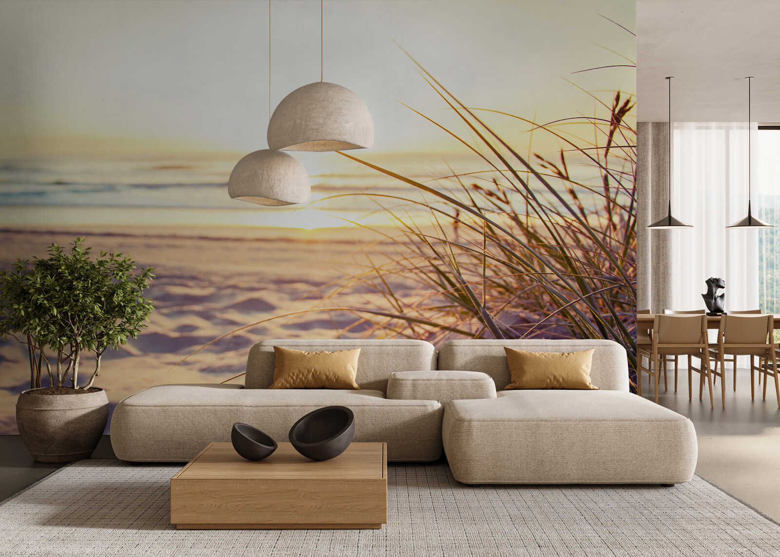         Fototapete Sonnenuntergang am Strand – Vliestapete mit Sanddünen und Meeresblick für eine entspannte Küstenstimmung – Bunt
    