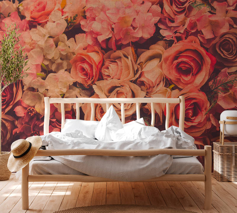             Romantisches Rosenmotiv in Leinenoptik – Rosa, Grün
        