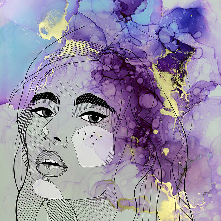         Papier peint femme motif Line Art, nuages de couleurs & effet doré
    