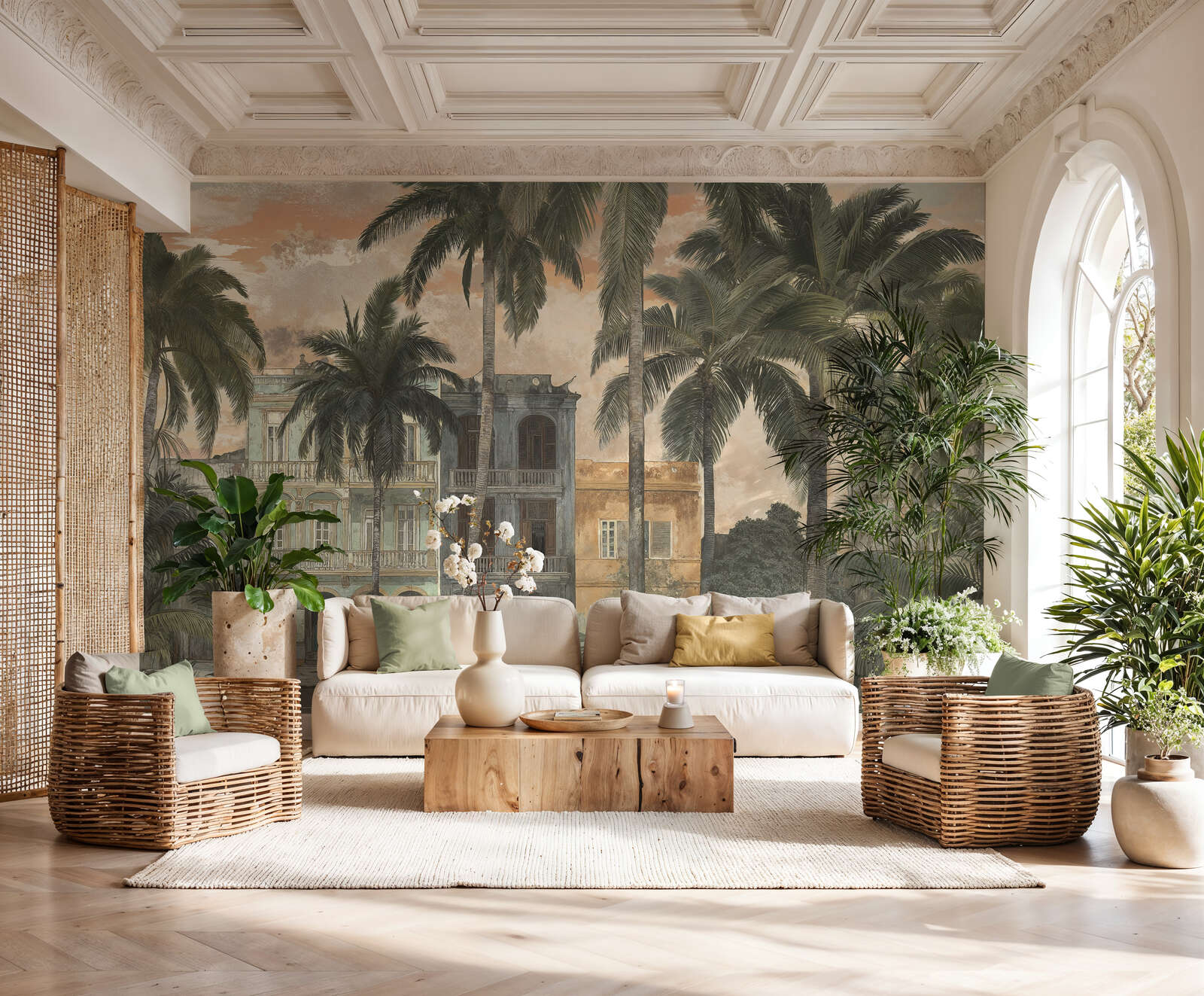 Sofa, Wohnzimmer, Palmen-Dekor, Wandtafel/Mural, Holztisch