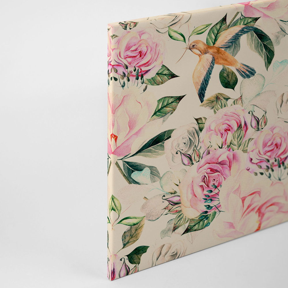             Leinwand mit verspielten Blumen und Vögel im Vintage-Stil – 0,90 m x 0,60 m
        