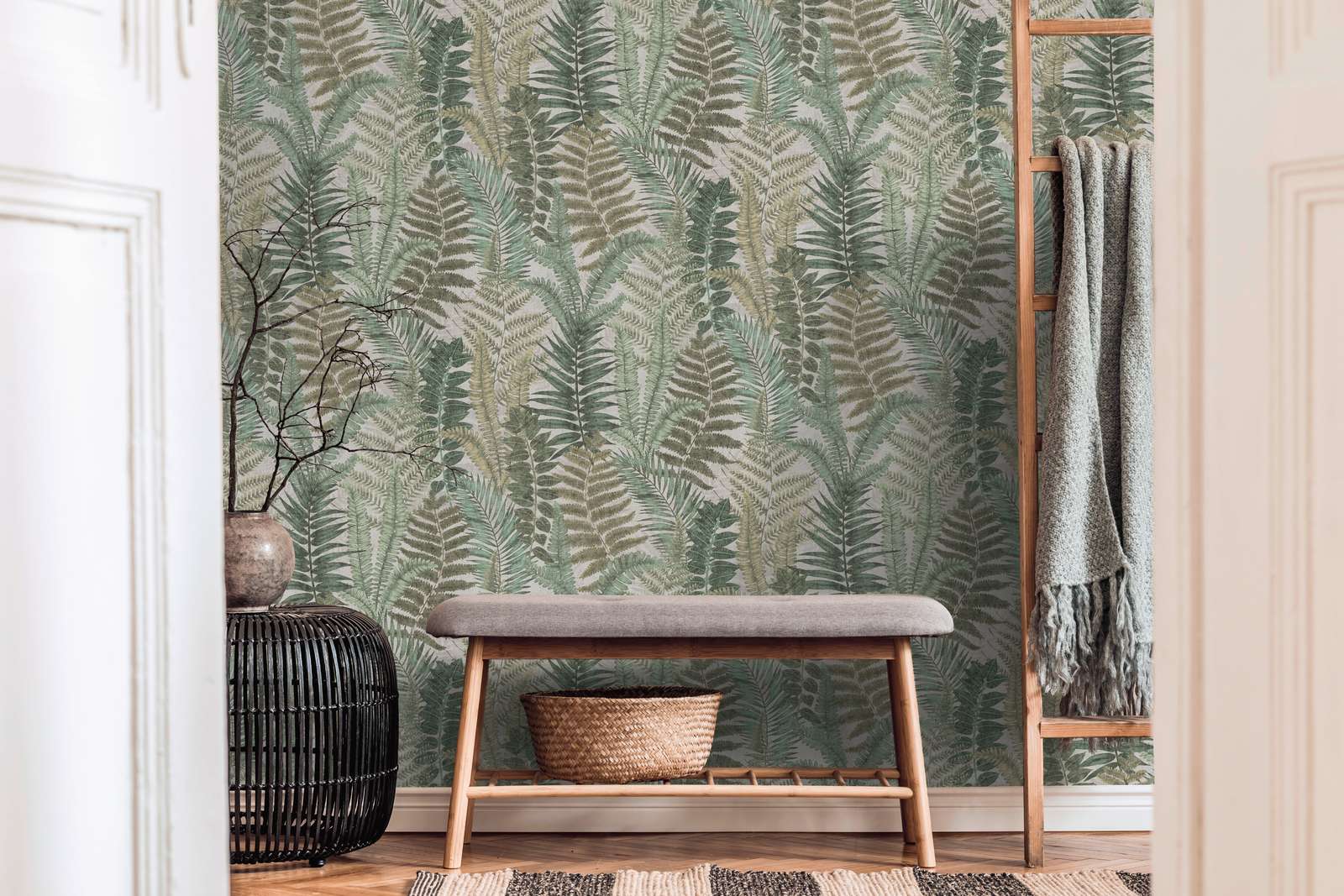 Tapete floral mit Farnblättern leicht strukturiert, matt – Beige, Grün, Braun
