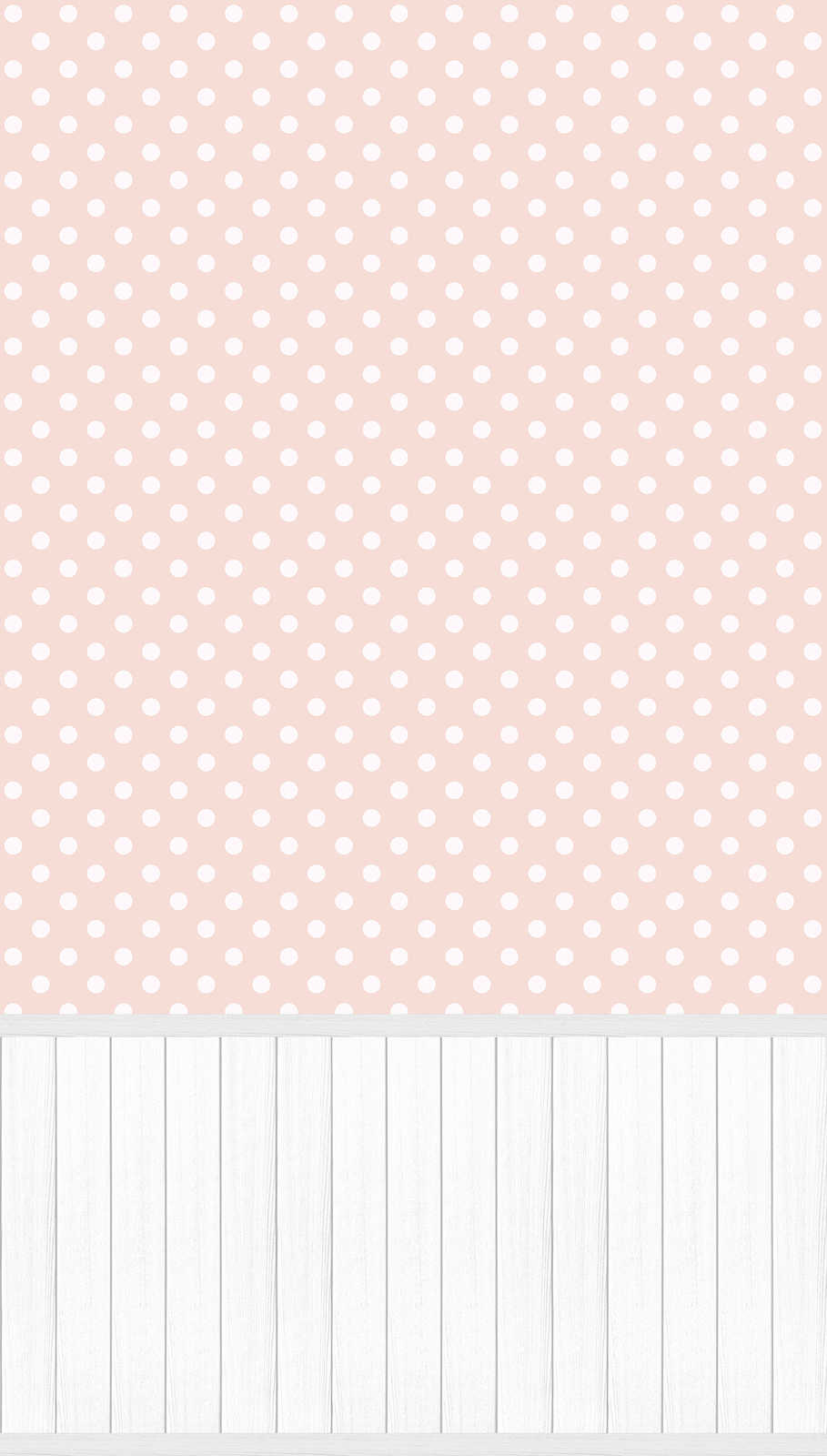             Vlies-Motivtapete mit Holz-Optik-Sockelborte und Punkte-Muster – Weiß, Grau, Rosa
        