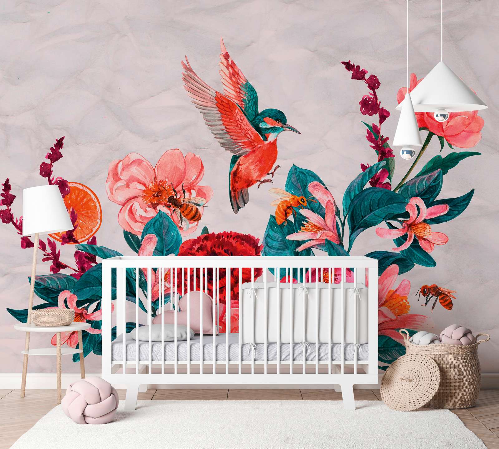             Leinwandbild Blumen & Vögel auf 3D Hintergrund – 0,90 m x 0,60 m
        