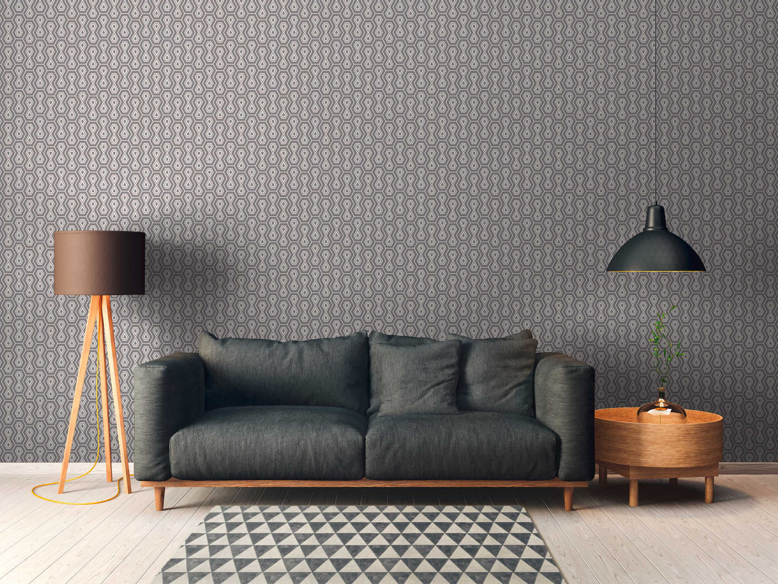 Tapete Metallic Retro Muster mit 70er Grafik Design – Rosa, Grau, Weiß