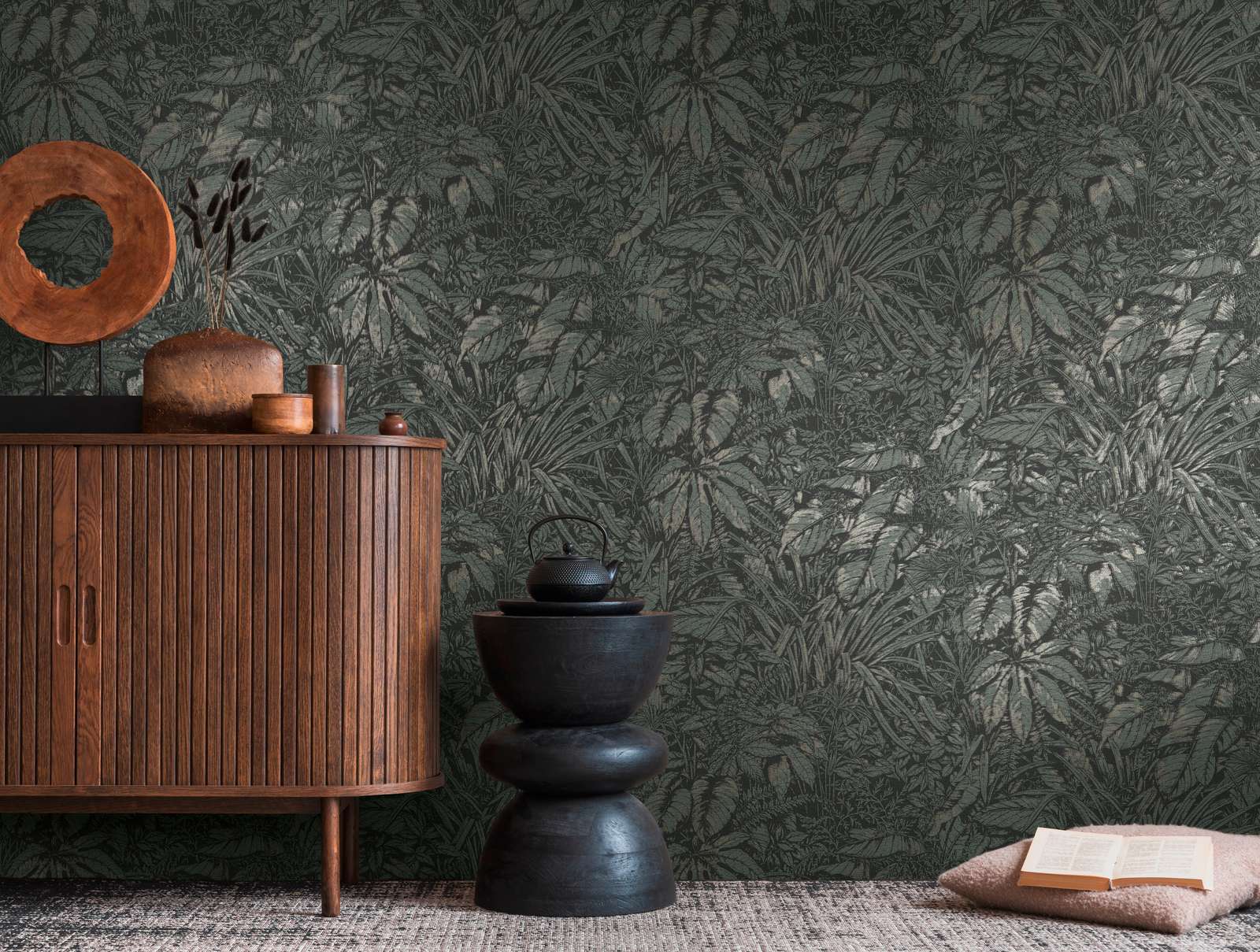             Dschungeltapete leicht strukturiert – Grün, Schwarz, Silber
        