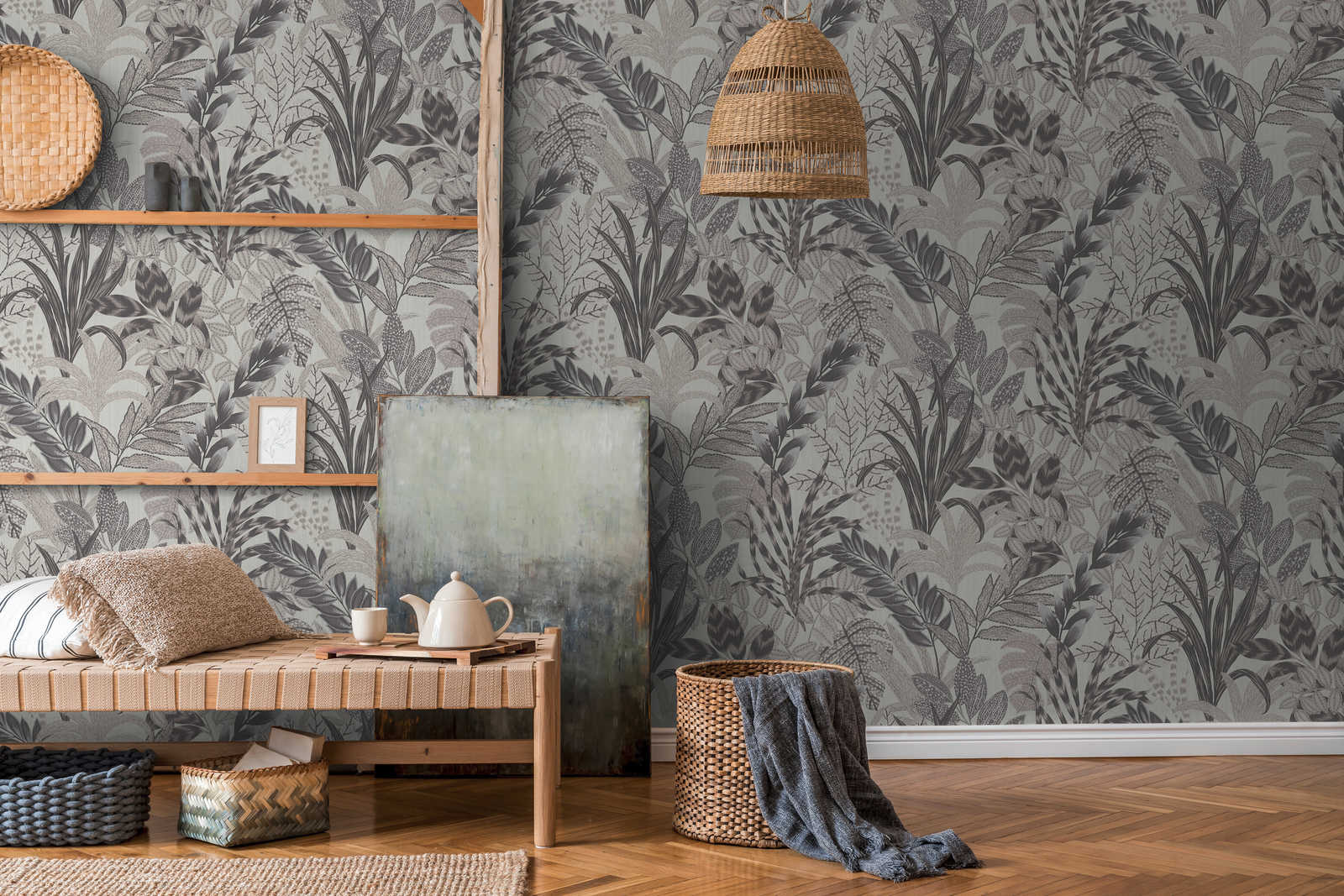             Monochroom junglebehang met reliëfstructuur - grijs, wit
        