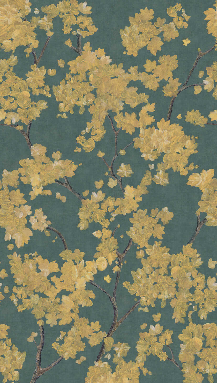             Vliestapeten Panel "Golden Blossoms" 159cm Breite x 280cm Höhe - Leuchtendes Blütendesign auf dunklem Hintergrund, glatte Oberfläche – Gelb, Grün
        