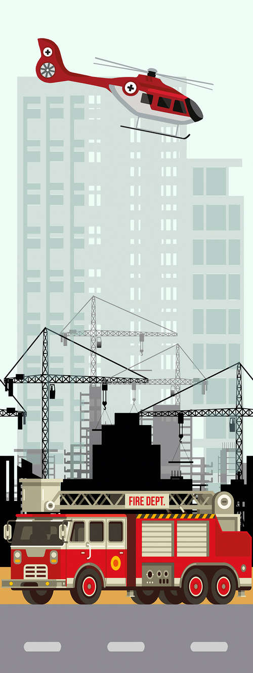             Stadt Fototapete Feuerwehrauto und Helikopter in Rot und Weiß auf Premium Glattvlies
        