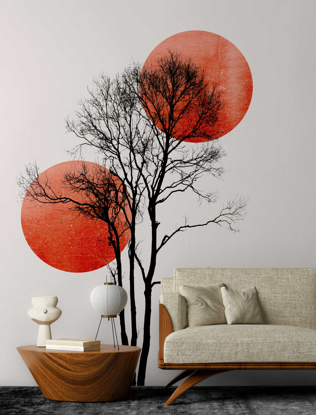 Wanddeko, Wandtattoo, BaumSilhouette, Roter Kreis, Wohnzimmer
