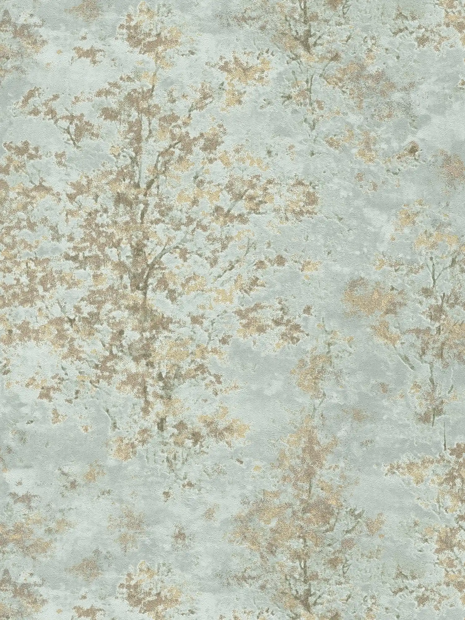         Moderne Vliestapete mit ruhigem Baum- und Naturmuster strukturiert – Grau, Grün, Blau
    
