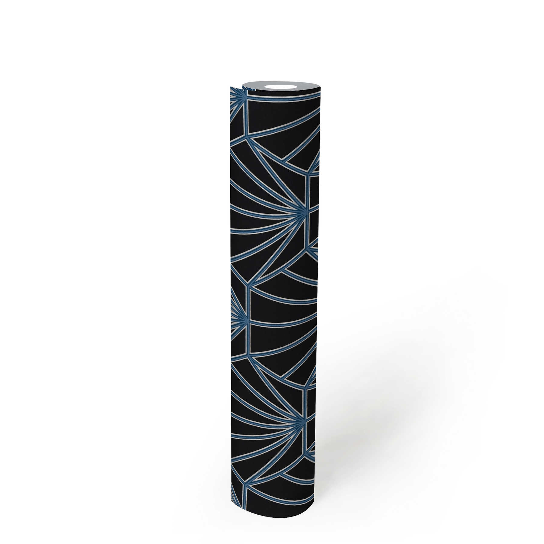             Art Déco Tapete gemustert im Retro Look – Schwarz, Blau, Weiß
        