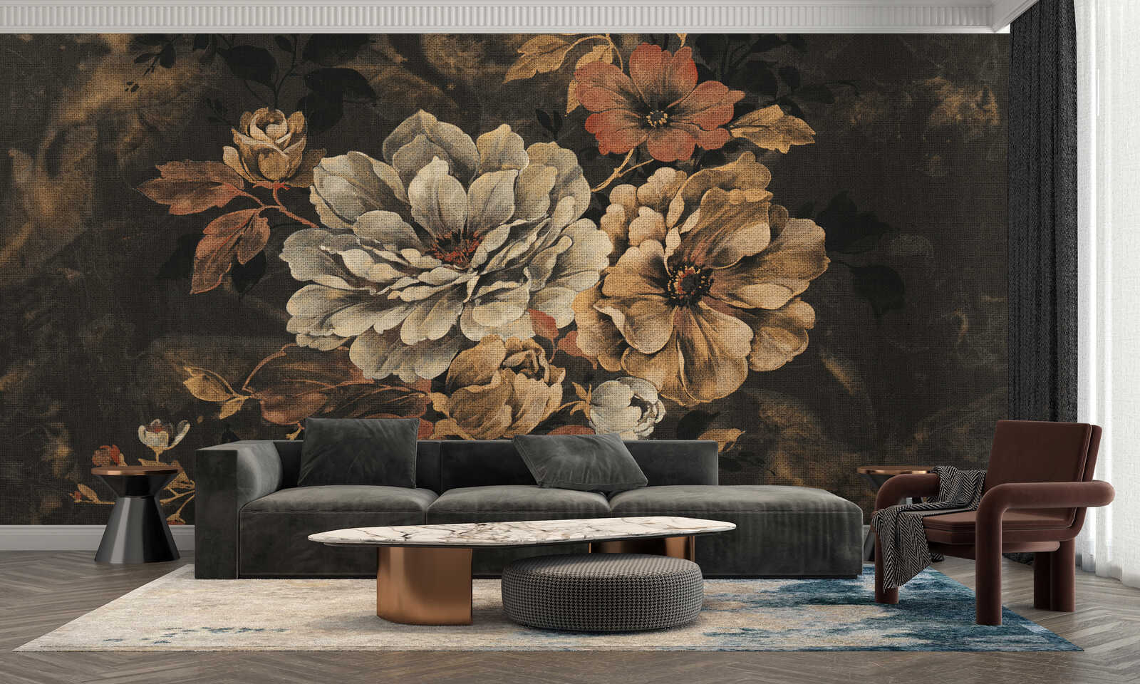 wandtapete, blumenmuster, gardinenlampe, wohnzimmerwand, tapisserie