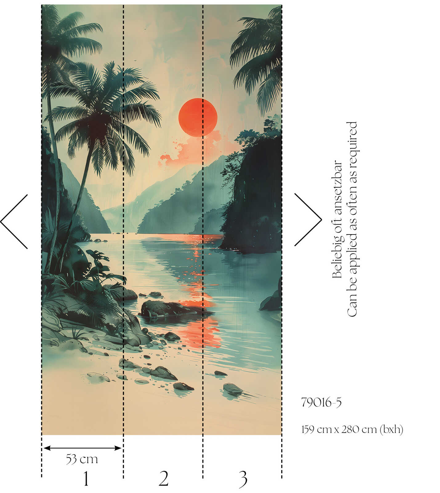 Vliestapeten Panel 'Tropical Sunset' 159cm Breite x 280cm Höhe - Malerischer Sonnenuntergang am Wasser mit Palmen – Bunt